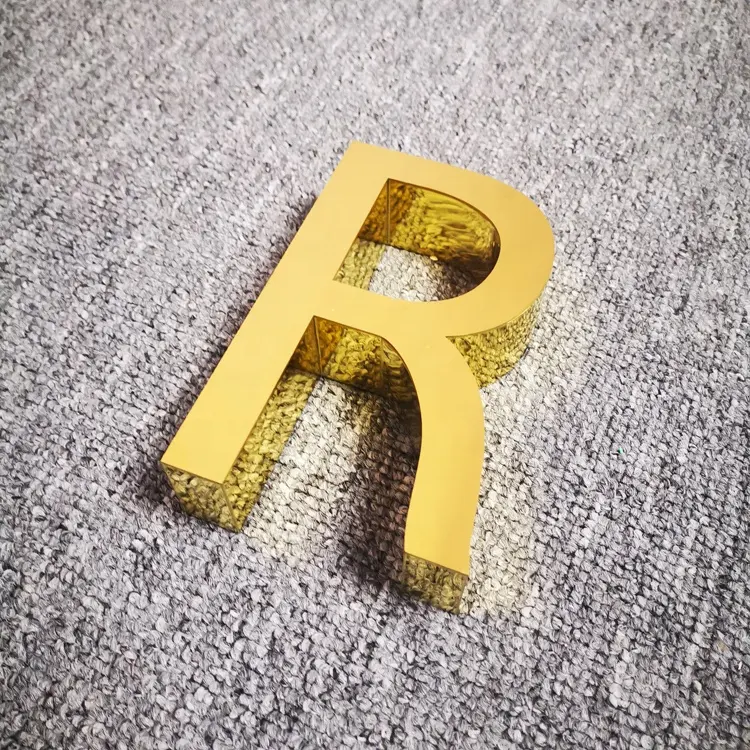 Letras do alfabeto personalizadas de metal dourado, aço inoxidável 3d, sinais de letras