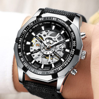 Montre automatique FNGEEN pour homme, boîtier en acier argenté et noir, squelette mécanique, montres pour homme, étanches, aiguilles lumineuses, montre-bracelet pour homme