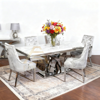 Table à manger moderne avec plateau en marbre blanc et or, pieds en acier inoxydable, design moderne pour la maison