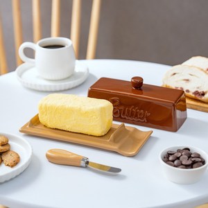 Nueva Mantequera de Cerámica Bicolor Marrón Caqui con Tapa y Cuchillo, Caja para Guardar Queso para el Hogar o Restaurante - Product Image 2