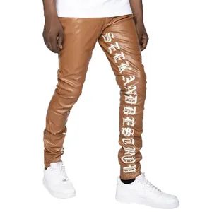 Custom Summer Men Print Cargo Flared Leather Pants Skinny Fit Elastic PU Trousers Streetwear Stacked Leather Pants