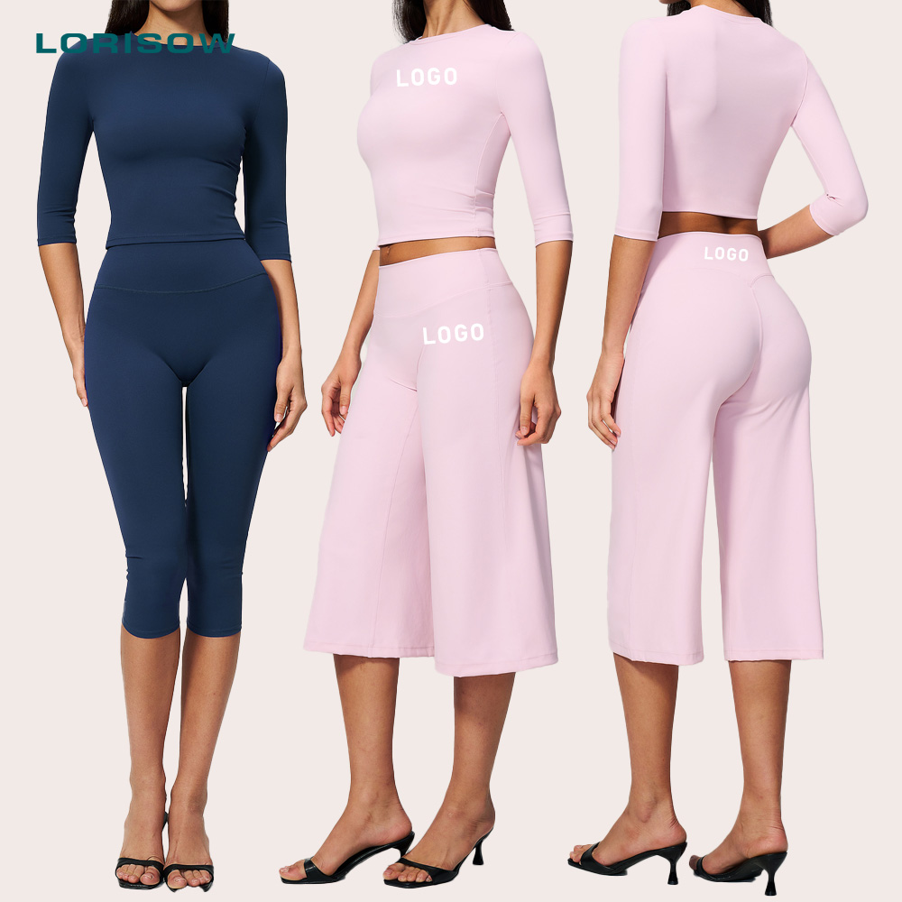 LORISOW Gym Slim Fit T Shirts Outfit Summer High Stretchy Workout 3pc Yoga Set Wide Leg Capri Pants For Women High Quality