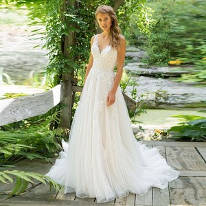 Wedding Dress A-Line V-Neck Lace Long Train White Plus Size Beach Style - Product Image 1