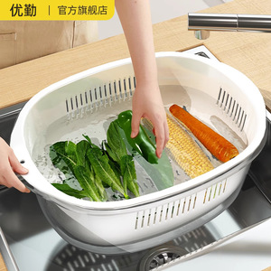 Double Layer Vegetable Washing Basin With Drain <b>Basket</b> For Kitchen Fruit And Veggie Storage PP Material Hand Wash Only - Product Image 4