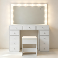 Grande table de maquillage moderne blanche avec miroir éclairé, tabouret rembourré et 10 tiroirs multi-rangements