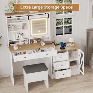 Contemporary Bedroom Women's Wood Eco-Friendly <strong>Big</strong> Makeup <strong>Dressing</strong> Vanity <strong>Table</strong> with Stool LED Mirror 5 Drawers - Product Image 6