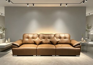 Sofá de cuero de 3 plazas con estructura de madera de lencero y patas de metal, acolchado y capitoné, color personalizado para sala de estar moderna, sofás para sala de estar - Product Image 1