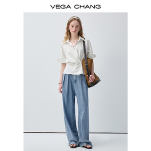 VEGA CHANG <span class=keywords><strong>Camicetta</strong></span> Bianca Stile Minimalista Chic <span class=keywords><strong>con</strong></span> Vita Intrecciata, Colletto a Risvolto e Manica <span class=keywords><strong>Corta</strong></span>, Top Casual all'Ingrosso - Product Image 3