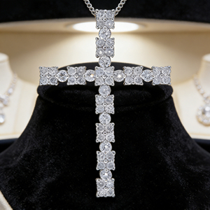 CUSTOM SILVER 10K/14K/18K GOLD PLATED LAB GROWN CVD DIAMOND CLASSIC ENGAGEMENT GIFT SWEATER <b>CHAIN</b> NECKLACE <b>CROSS</b> PENDANT VS - Product Image 2