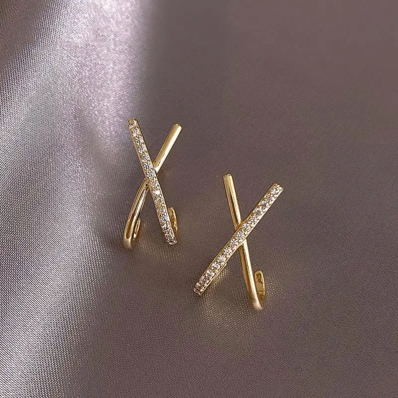 2022 New Design Metal Zircon Cross X Shaped Gold Earrings For Woman Elegant Accessories For Korean Fashion Jewelry Party Girls