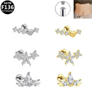 Titanium Piercing Jewelry Heart Shape Zircon <b>Studs</b> For Lip Ear <b>Cartilage</b> Body Jewelry ASTM F136 Titanium Plated - Product Image 1