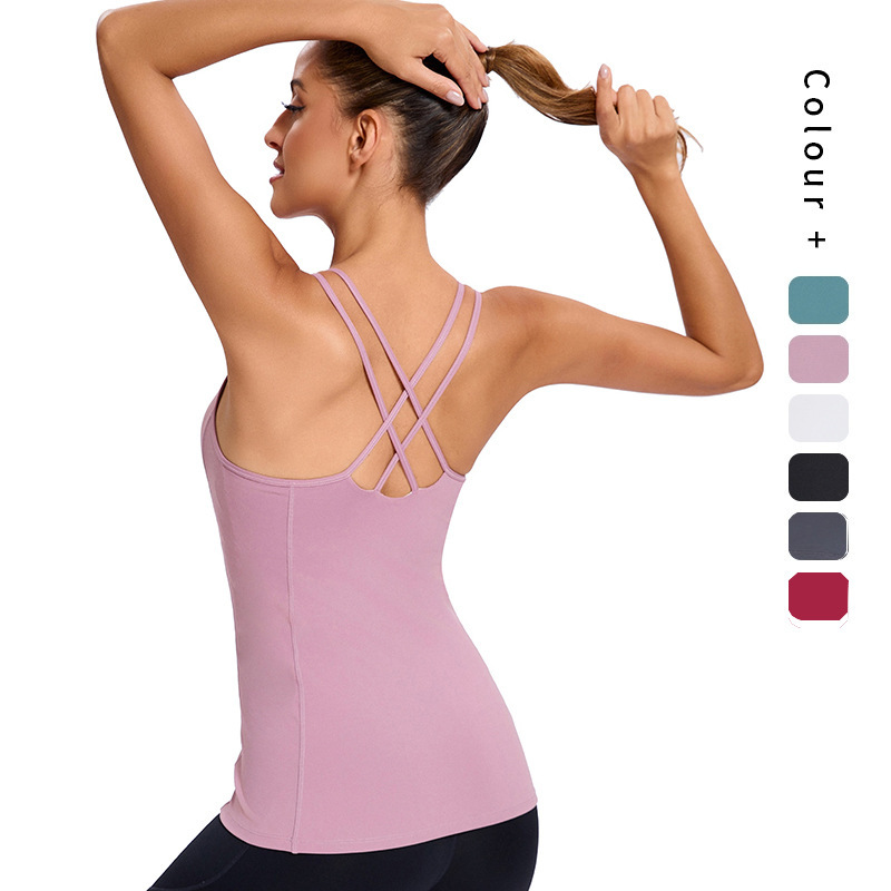 New Design One Piece Double Cross Strap French U Neck Wide Neckline Two in One Sports Bra Womens Activewear Workout Yoga