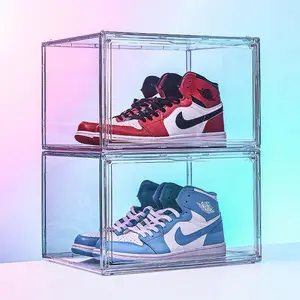 Boîte de rangement transparente pour chaussures avec porte magnétique Organisateur de chaussures empilable anti-poussière Présentoir de collection de chaussures Récipient en plastique