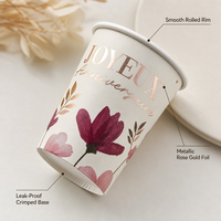 Gobelet en papier rose à motif floral et dorure à chaud pour anniversaire, jetable, pour la table de fête, vente en gros, fournitures en vrac