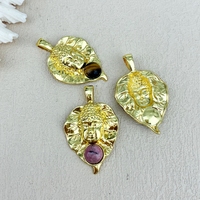 Colgantes con Forma de Hoja de Bódhi Chapados en Oro de Estilo Religioso, Piedra Natural con Incrustaciones de Amatista y Rodonita, Colgante de Cabeza de Buda, Amuleto, Joyería