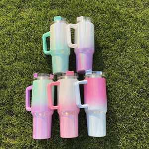 แก้วน้ำเก็บความเย็นแบบมีฝาปิด ขนาด 40 ออนซ์ สีชมพูสดแบบไล่เฉดสี ประกายโฮโลแกรมวิบวับ - Product Image 3