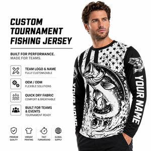 Maillots de pêche personnalisés noir et blanc, légers, en polyester, sublimation, pour hommes, pour la pêche en kayak, uniforme de pêche - Product Image 1