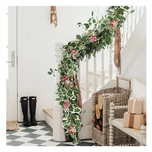 H231785-1 Christmas Decoration Hanging Artificial Silk Green Leaf with Red Fruits Berry Plant Vine Garland for Home Garden Decor