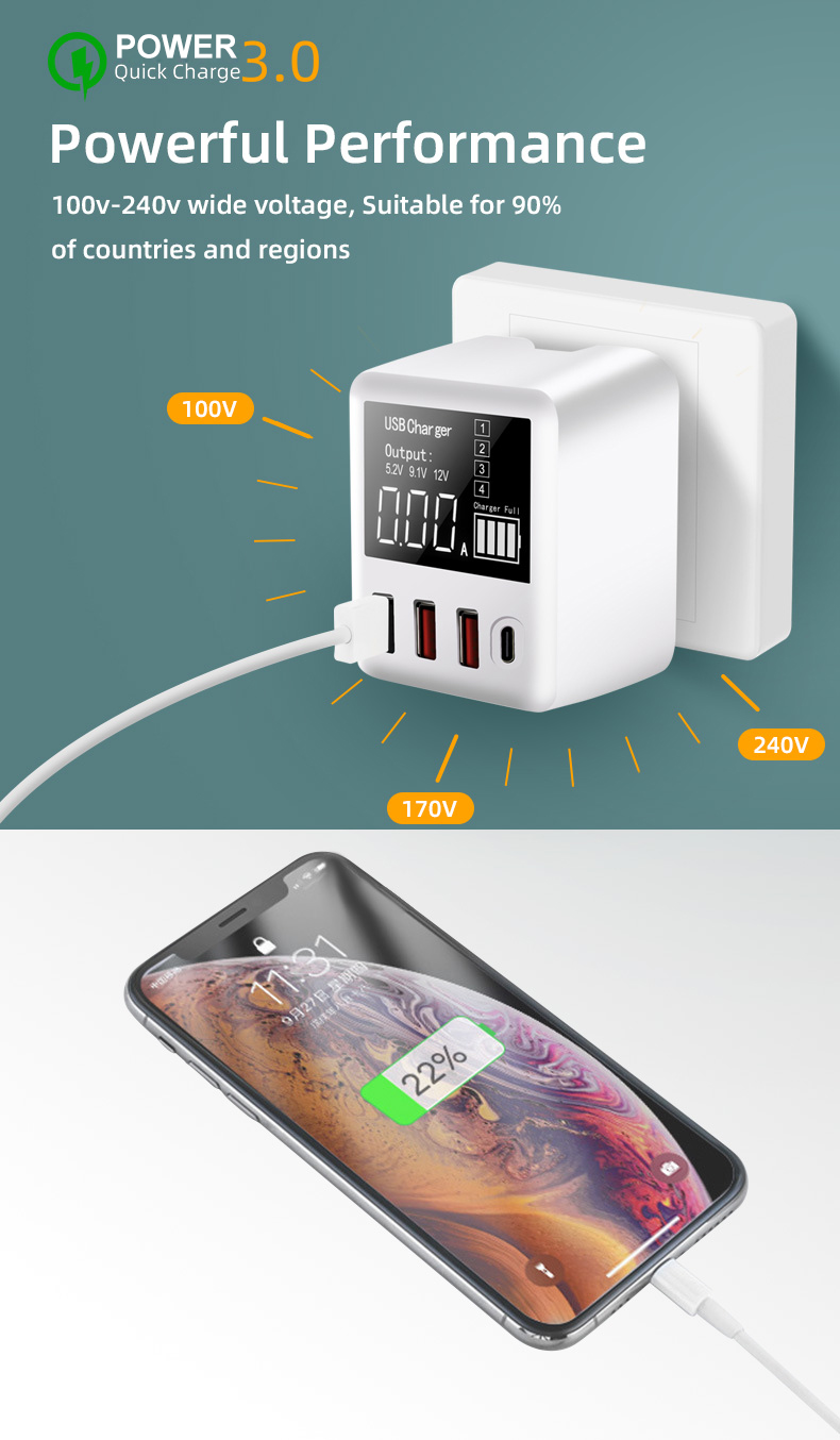40W Quick Charge 3.0 USB Charger PD Type C HUB LED Display Wall Charger Fast Mobile Phone Charger For iPhone Samsung USB Adapter