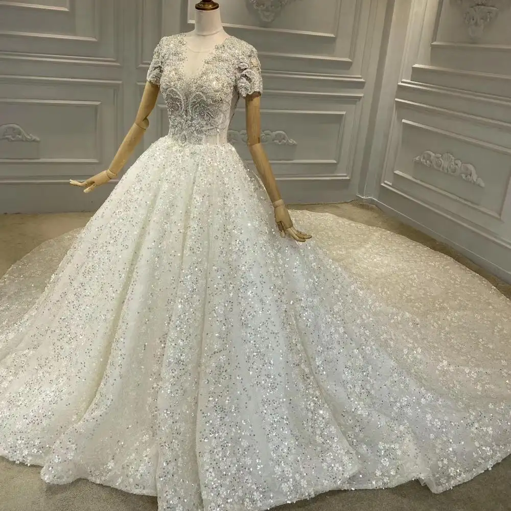 New Style Heavy Beaded Lace Modern A-line Short Sleeve Heavy Beaded Wedding Dress Bridal Gown