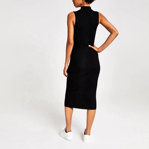 Autunno nuovi arrivi con chiusura frontale con Zip abito da donna senza maniche elegante abito a <span class=keywords><strong>maglia</strong></span> lungo di colore nero bloccato <span class=keywords><strong>bianco</strong></span> - Product Image 2