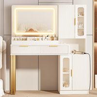 Meja Rias Putih dengan Cermin LED & Stasiun Pengisian Daya, Meja Makeup dengan Laci Perhiasan & Lemari Kaca untuk Kamar Tidur Rumah