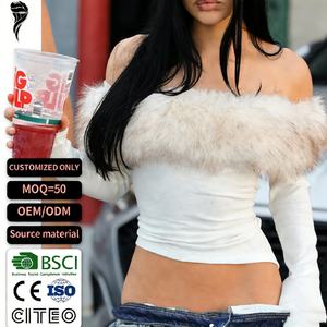 Nouveauté 2026 T-shirts pour femmes à col en fourrure, épaules dénudées, manches longues, ourlet asymétrique, coupe ajustée, style simple urbain, mode automne, crop tops - Product Image 1