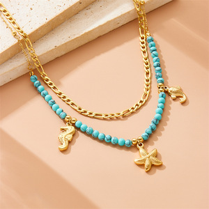 European American Retro Ocean Style Gold Plated Seahorse Starfish Stainless Steel Turquoise Beaded Chain Necklace Multi Layer - Product Image 1