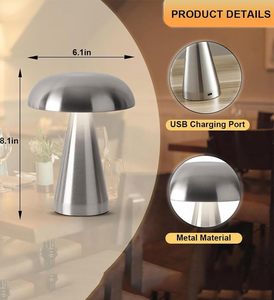 Lámpara de Mesa con Forma de Hongo, Inalámbrica, LED, Recargable por USB, con 3 Colores de Luz Atenuable, para Dormitorio, Sala de Estar u Oficina - Product Image 2