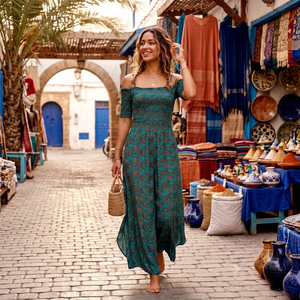 Mono largo bohemio con hombros descubiertos, vestido casual con estampado floral, ajuste holgado, de seda tejida, para verano, ecológico, corte A, estilo Y2K para mujer - Product Image 1