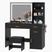 Coiffeuse de maquillage 45.2 ''avec miroir éclairé par LED et tabouret de rangement Coiffeuse en verre trempé Bureau de coiffeuse élégant et robuste