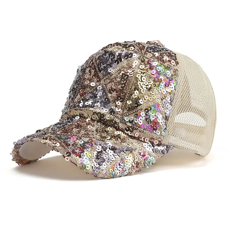 Fashion Summer Breathable Unisex Sequin Mesh Trucker Hat Baseball Cap Wholesale