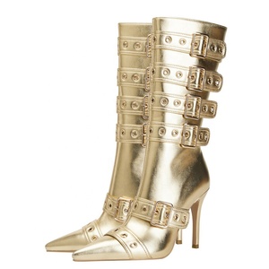 Large Size 46 Belt Metal Buckles Women <b>Knee</b> <b>High</b> Boots <b>High</b> Slim Heeled Long Booties Sexy Punk Styles Stiletto Dress Shoes - Product Image 2