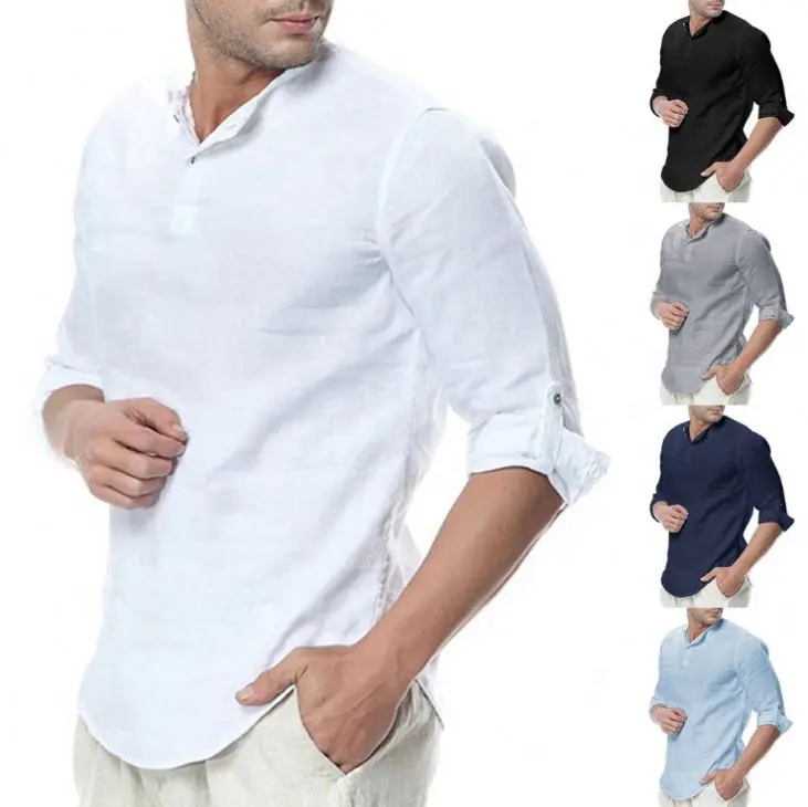도매 남성 캐주얼 린넨 3/4 소매 맞춤 셔츠 파키스탄 솔리드 슬림 화이트 남성 셔츠