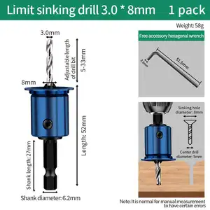 3.0*8mm Countersink Drill Bit Adjustable Hex Shank Wood Drilling Tools For Woodworking