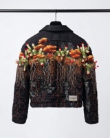DIZNEW Veste Homme Broderie Botanique 3D Noire Tissu Lourd Motif Floral Intégral au Dos Streetwear Édition de Collection Personnalisée OEM