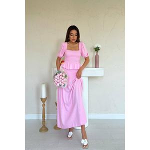 ชุดผ้าลินินสีชมพูขายส่ง ชุดเดรสสองชิ้นแขนสั้นสไตล์ Prairie Chic ระบายอากาศได้ดีสำหรับผู้หญิง - Product Image 4