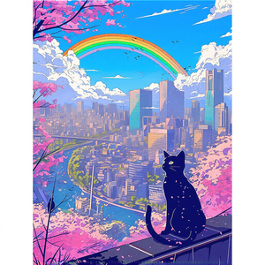 Kit de Arte de Diamantes con Diseño de Gato Observando la Ciudad, Paisaje Urbano Impreso, Arcoíris, Puntos Cuadrados de Resina, Pintura Mural - Product Image 3