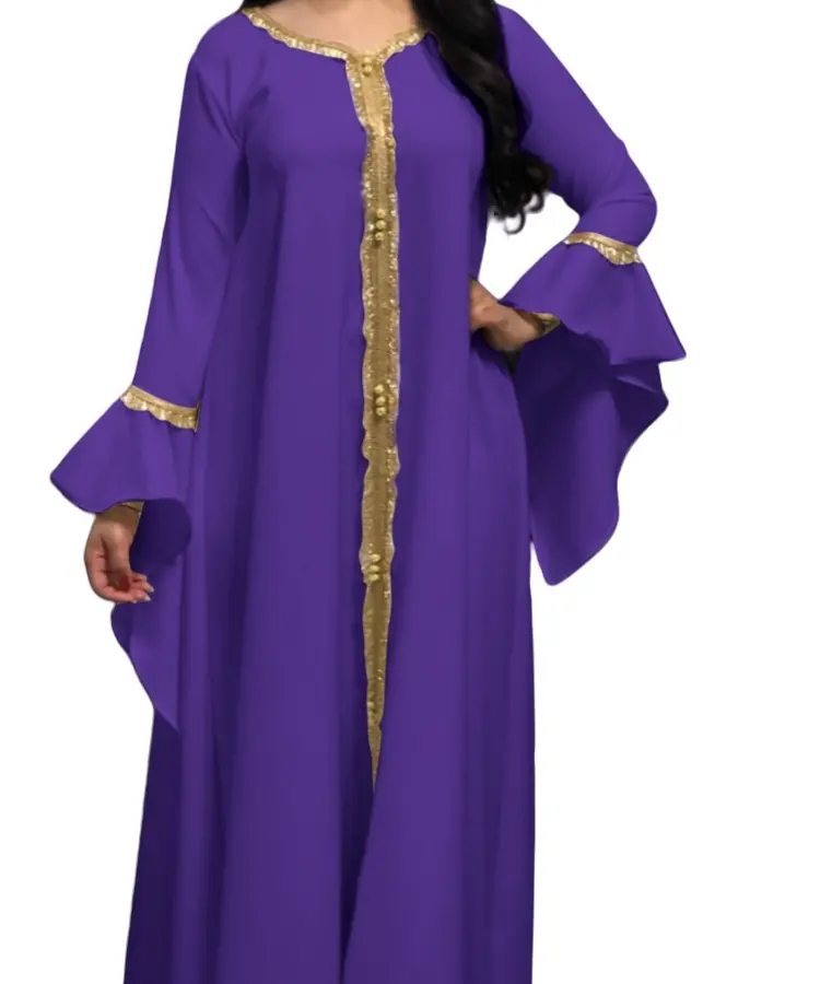 עיצוב חלול רקום חלוק צבע אחיד שרוולים מתלקחים חצאית ארוכה מזרח תיכון מלאי ערבי מוסלמי נשים