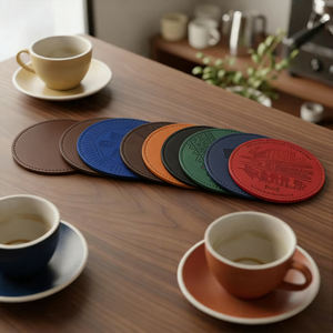 Juego de Posavasos Redondos de Cuero Sintético Negro con Logotipo Personalizado al por Mayor, Posavasos de Cuero PU para Té, Cerveza, Café y Bebidas - Product Image 4