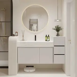 Armoire de salle de bain moderne Design haut de gamme, Surface solide, panneau de particules économique, vanité de salle de bain