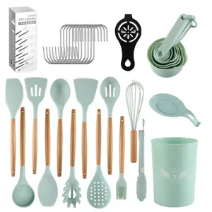 Conjunto de utensílios de cozinha de silicone, conjunto de 12 peças de ferramentas de madeira bambu para cozinha, raspador de silicone, escova de óleo