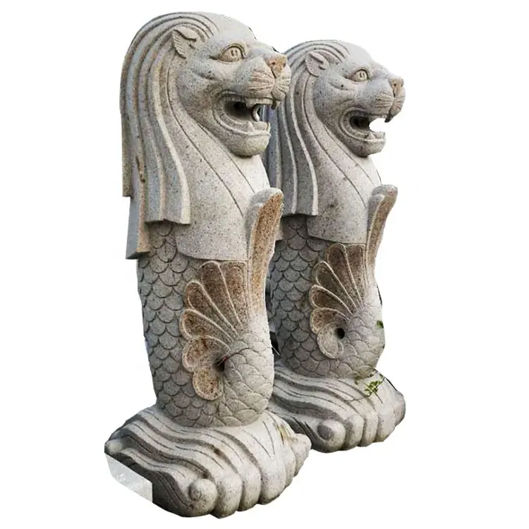 Großhandel Landschafts bau Dekoration Ornamente Singapur Merlion Statue Steins chnitzerei mit Brunnen Design für Garten Design