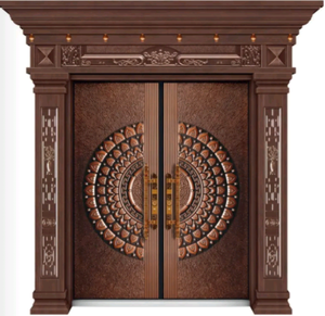 Qifan Traditional <b>Wooden</b> Grain <b>Swing</b> Entry Door with Ornate Carving and Brass Hardware - Product Image 4