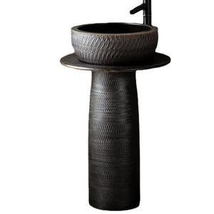 Lavabo de Pedestal Redondo de Cerámica con Puntos Negros en Rojo Oscuro, Integrado en Columna, para Baño o Exterior - Product Image 5