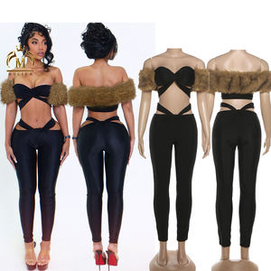 Completo Donna Primavera Autunno Top Corto con Inserti in Pelliccia + Pantaloni Lunghi Set 2 Pezzi Sexy da Club - Product Image 1