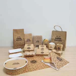 Ensemble d'emballages alimentaires en papier kraft avec poignée pour emporter, boîtes jetables pour hamburgers, frites, pizzas, gobelets, design de logo personnalisé - Product Image 1