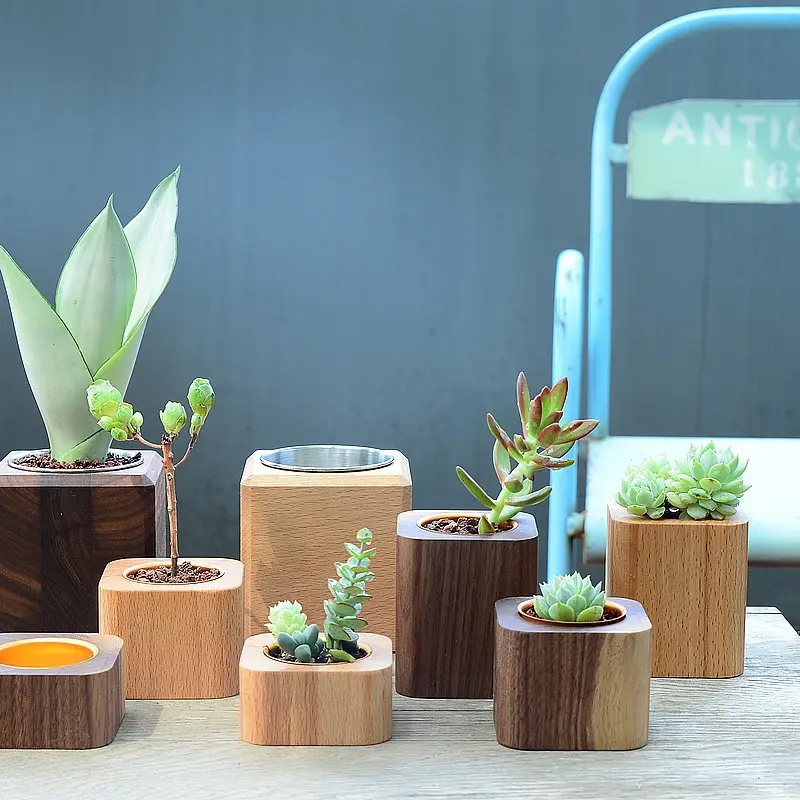 Decoration Garden Flowerpot Base Potted Cactus Plant Flower Pot Aluminium Pen Container Beech Walnut Wooden Succulent Planter