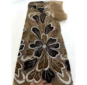 Tela de Encaje de <span class=keywords><strong>Terciopelo</strong></span> Francés Bordada con Flores de Alta Calidad, Lentejuelas y Cuentas, Ecológica, 5 Yardas, para Vestidos de Novia y Fiestas Africanas - Product Image 3
