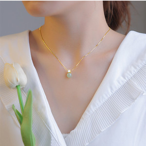 Single Hetian Jade Diamond Necklace Ball Shape Claw Setting Everyday Wear Clavicle Chain Geometric Design Lucky Bead Choker - Product Image 2